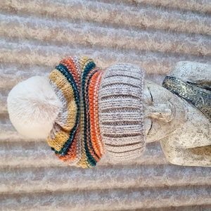 Striped fleece lined pompom hat